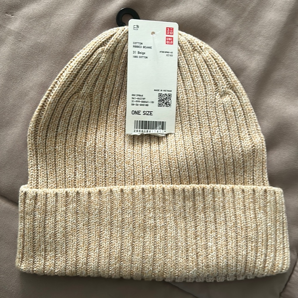 Uniqlo Beige 100% Cotton ribbed beanie one size